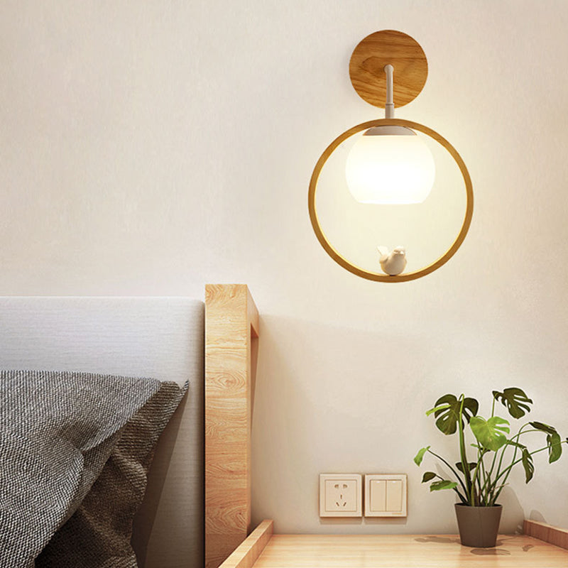Modernism Wood Lighting Globe White Glass Shaded Wall Light for Foyer