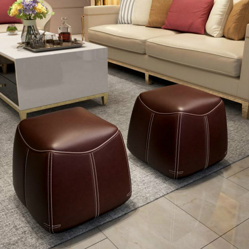 Mid-Century Modern Ottoman Genuine Leather Upholstered Solid Color Square Ottoman