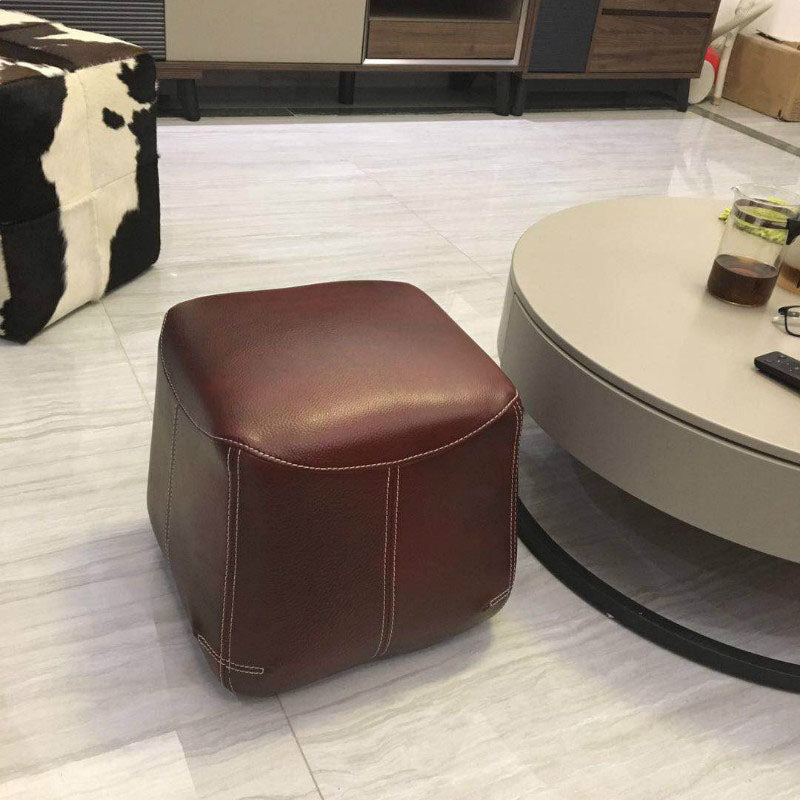 Mid-Century Modern Ottoman Genuine Leather Upholstered Solid Color Square Ottoman