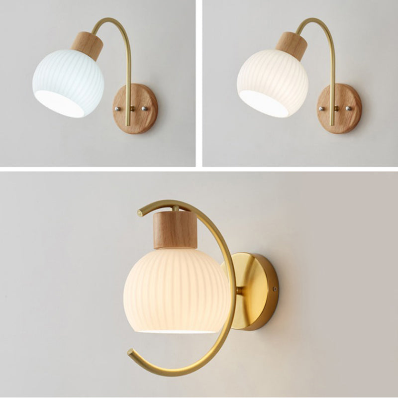 Nordic Wooden Wall Light Fixture Simple Glass Shade Wall Light Sconce for Bedroom