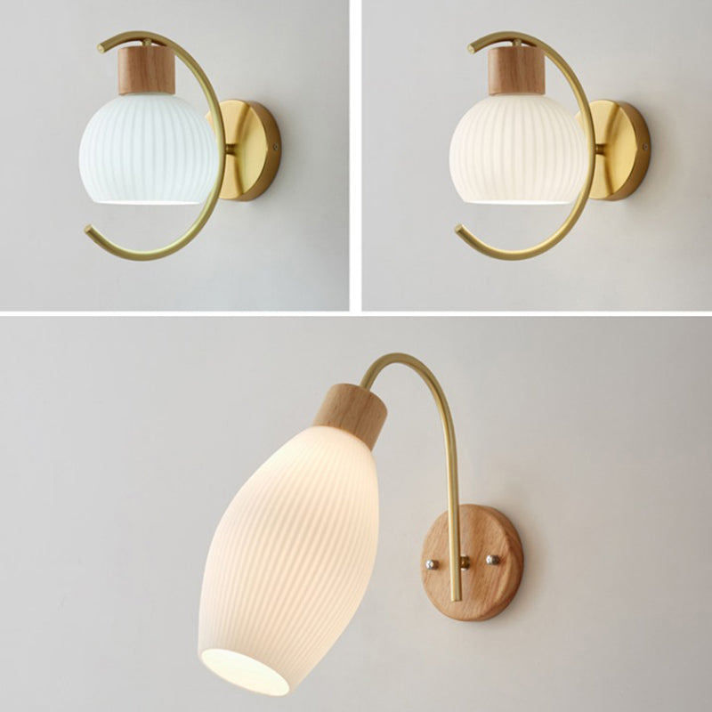 Nordic Wooden Wall Light Fixture Simple Glass Shade Wall Light Sconce for Bedroom