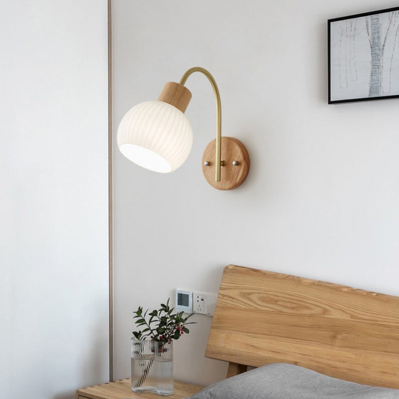 Nordic Wooden Wall Light Fixture Simple Glass Shade Wall Light Sconce for Bedroom