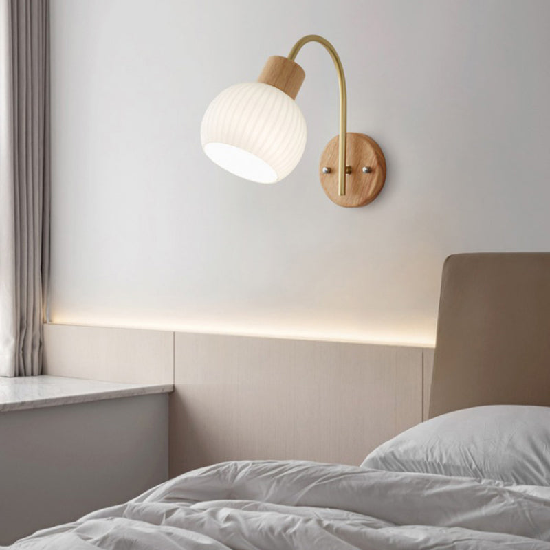 Nordic Wooden Wall Light Fixture Simple Glass Shade Wall Light Sconce for Bedroom