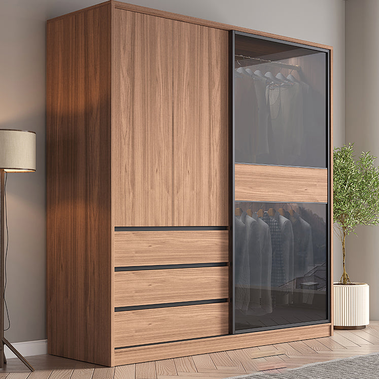 Glass and Wood Wardrobe Cabinet Brown Wardrobe Armoire with Garment Rod