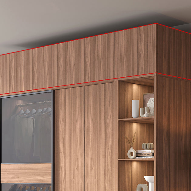 Glass and Wood Wardrobe Cabinet Brown Wardrobe Armoire with Garment Rod