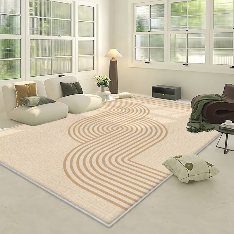 Modern Irregular Line Rug Beige Polyester Rug Washable Rug for Drawing Room