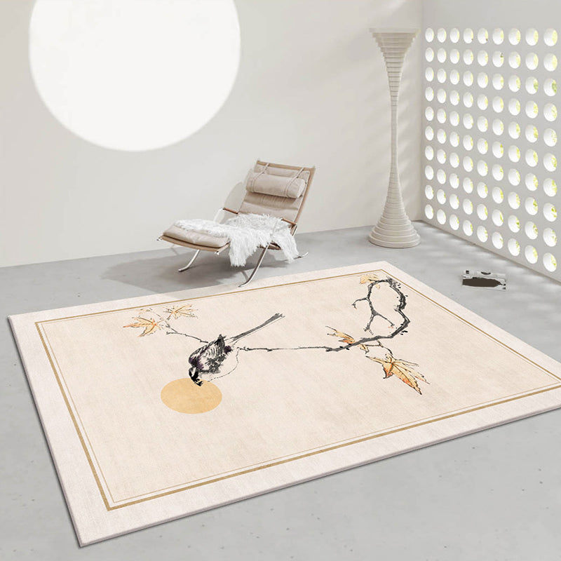 Beige Modern Rug Polyester Bird Indoor Rug Stain Resistant Rug for Living Room