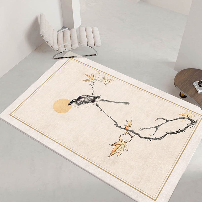 Beige Modern Rug Polyester Bird Indoor Rug Stain Resistant Rug for Living Room