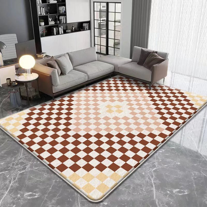 Modern Brown Rug Plaid Pattern Polyester Rug Stain Resistant Rug for Living Room