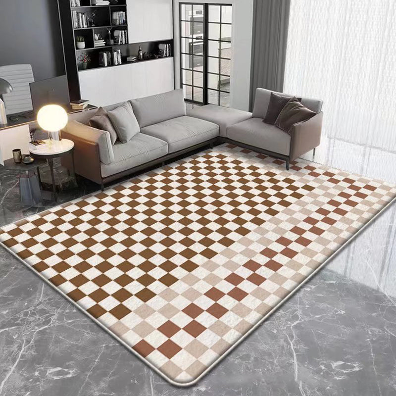 Modern Brown Rug Plaid Pattern Polyester Rug Stain Resistant Rug for Living Room