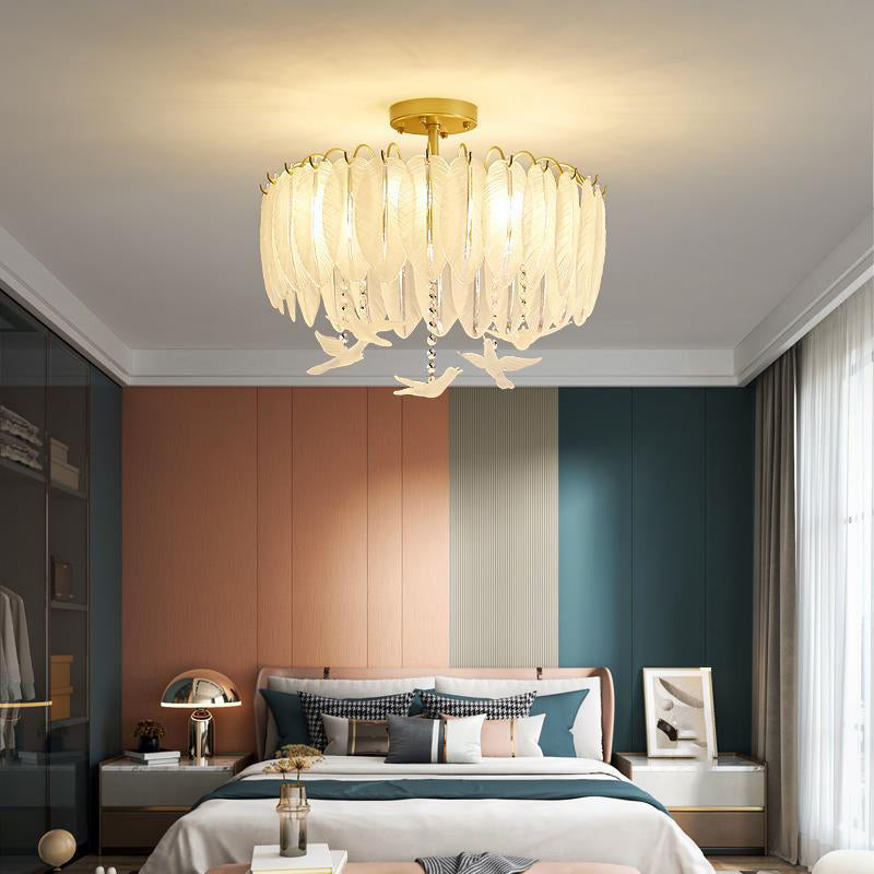 Modern Glass Ceiling Lamp Feather-shaped Flush Mount Light Fixture for Bedroom
