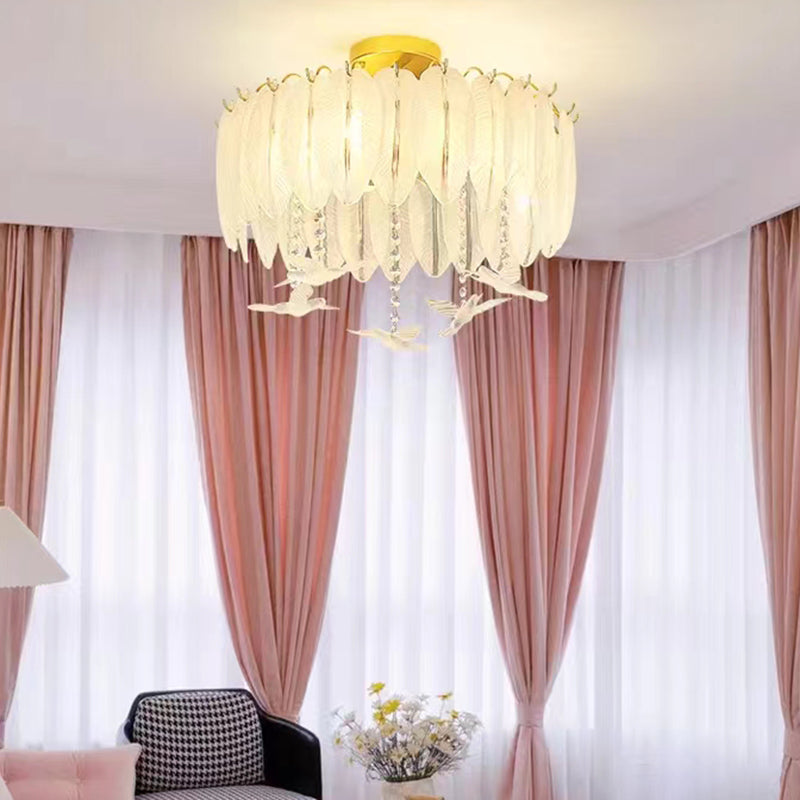 Modern Glass Ceiling Lamp Feather-shaped Flush Mount Light Fixture for Bedroom