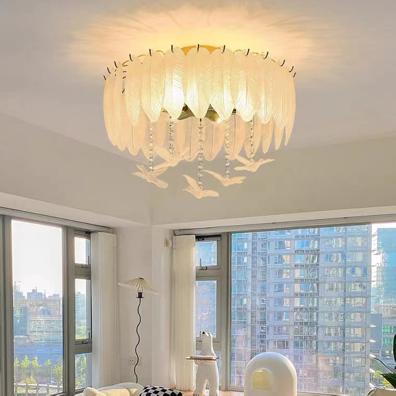 Modern Glass Ceiling Lamp Feather-shaped Flush Mount Light Fixture for Bedroom
