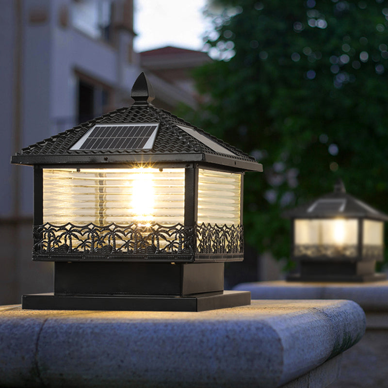 Rectangular Shape Metal Solar Pillar Lamp Modern Style 1-Light Outdoor Light