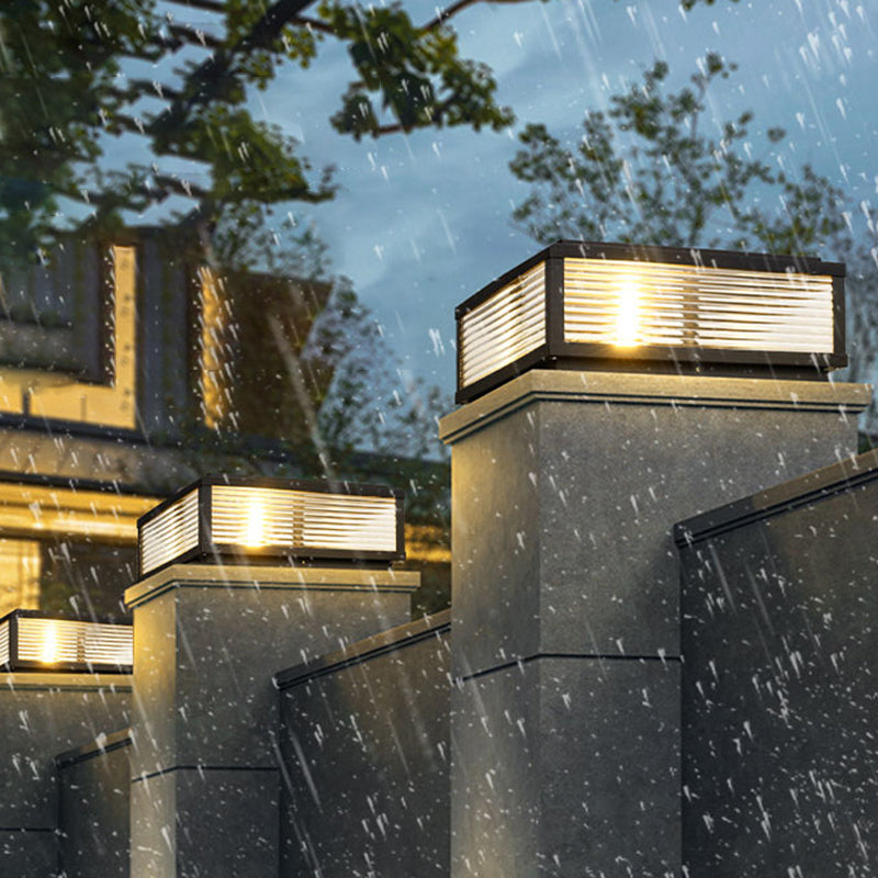 Metal Rectangular Shape Outdoor Lights Modern Style 1-Light Solar Pillar Lamp in Black