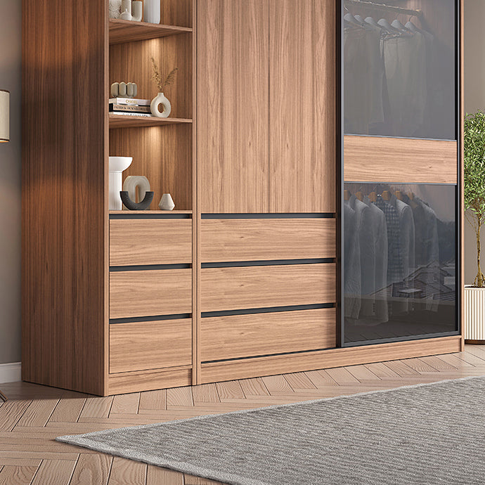 Sliding Wooden Wardrobe Closet Modern Brown Wardrobe Armoire
