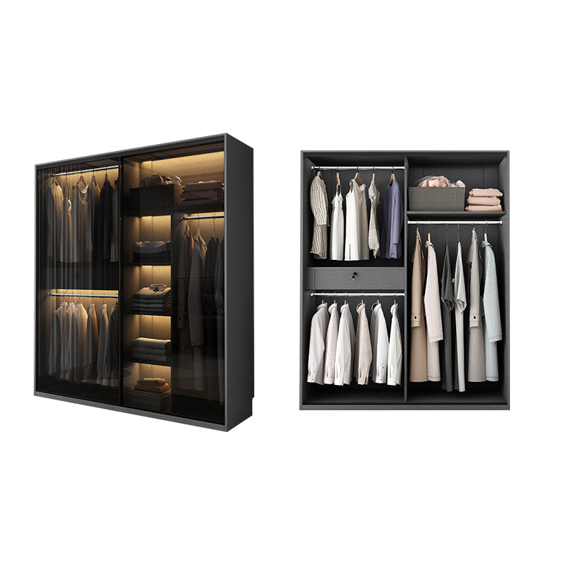 Glass and Wood Wardrobe Cabinet with Drawer Grey Wardrobe Closet