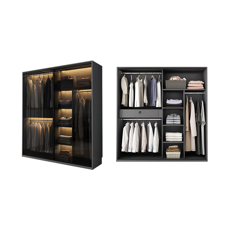 Glass and Wood Wardrobe Cabinet with Drawer Grey Wardrobe Closet