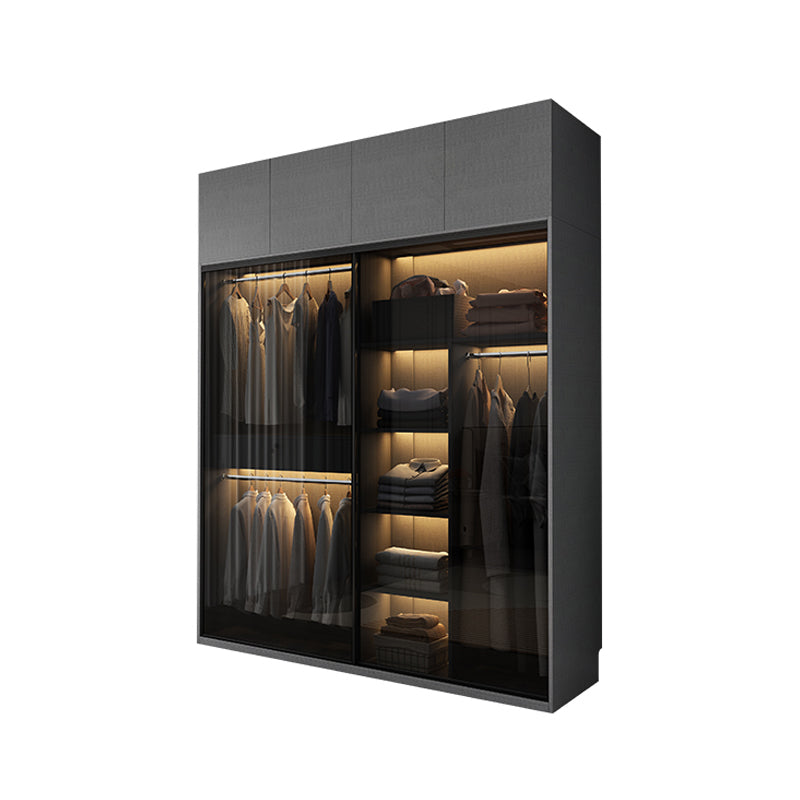 Glass and Wood Wardrobe Cabinet with Drawer Grey Wardrobe Closet