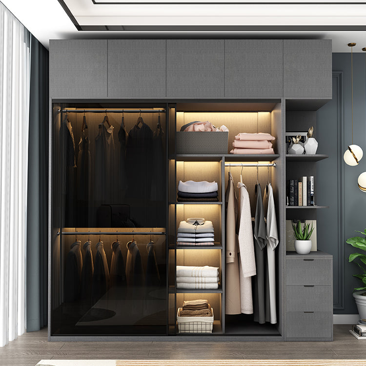 Glass and Wood Wardrobe Cabinet with Drawer Grey Wardrobe Closet