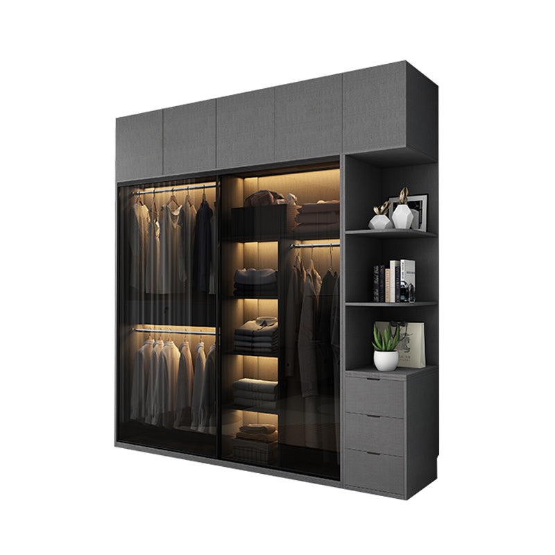 Glass and Wood Wardrobe Cabinet with Drawer Grey Wardrobe Closet