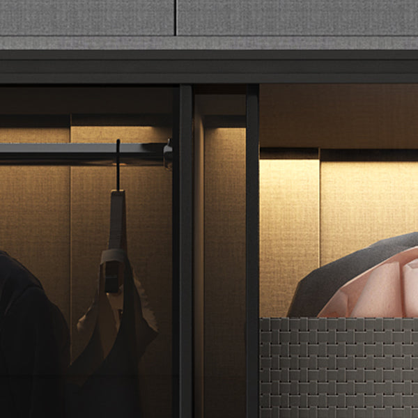 Glass and Wood Wardrobe Cabinet with Drawer Grey Wardrobe Closet