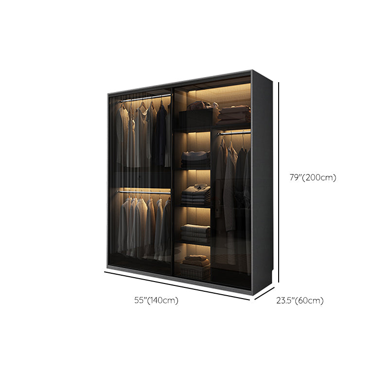 Glass and Wood Wardrobe Cabinet with Drawer Grey Wardrobe Closet