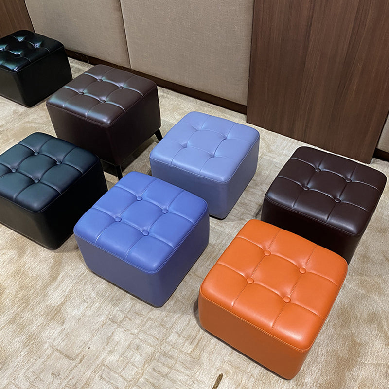 Mid-Century Modern Pouf Ottoman Genuine Leather Solid Color Tufted Square Ottoman