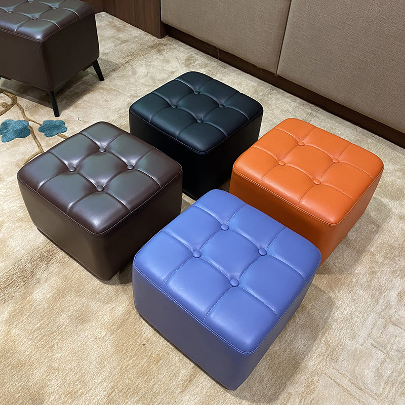 Mid-Century Modern Pouf Ottoman Genuine Leather Solid Color Tufted Square Ottoman