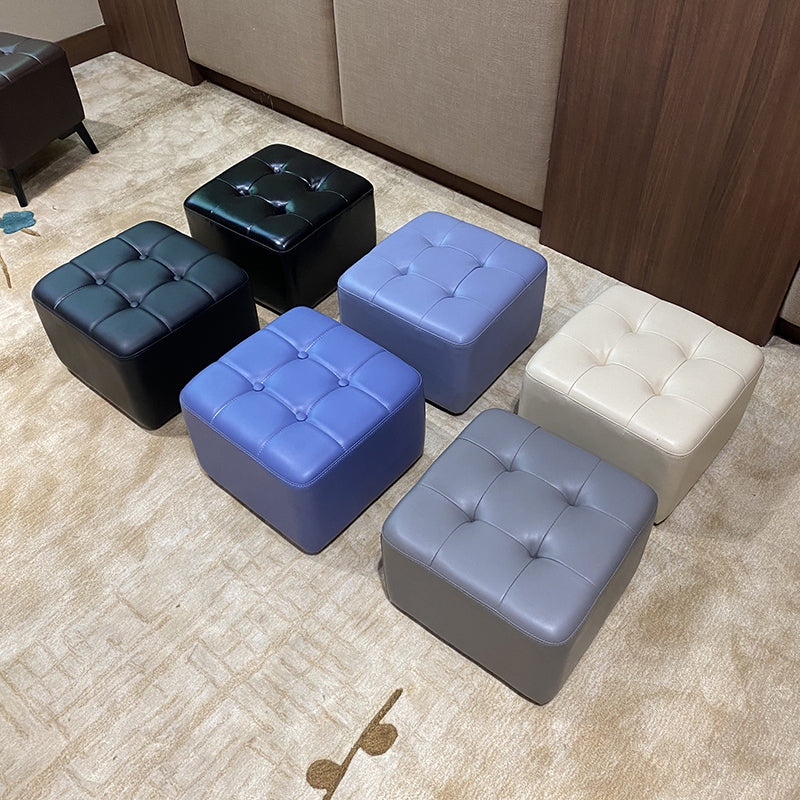 Mid-Century Modern Pouf Ottoman Genuine Leather Solid Color Tufted Square Ottoman