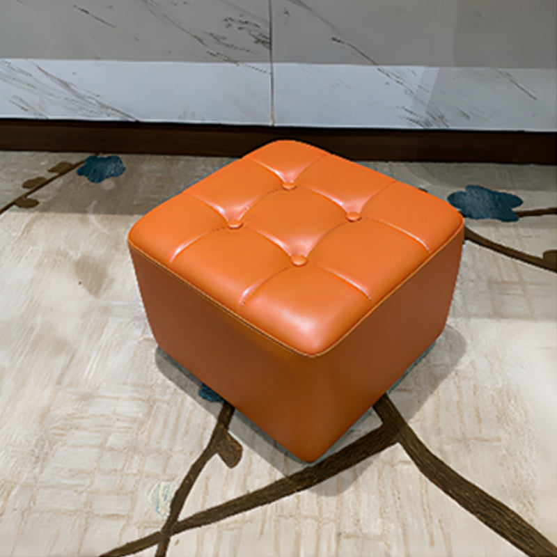 Mid-Century Modern Pouf Ottoman Genuine Leather Solid Color Tufted Square Ottoman