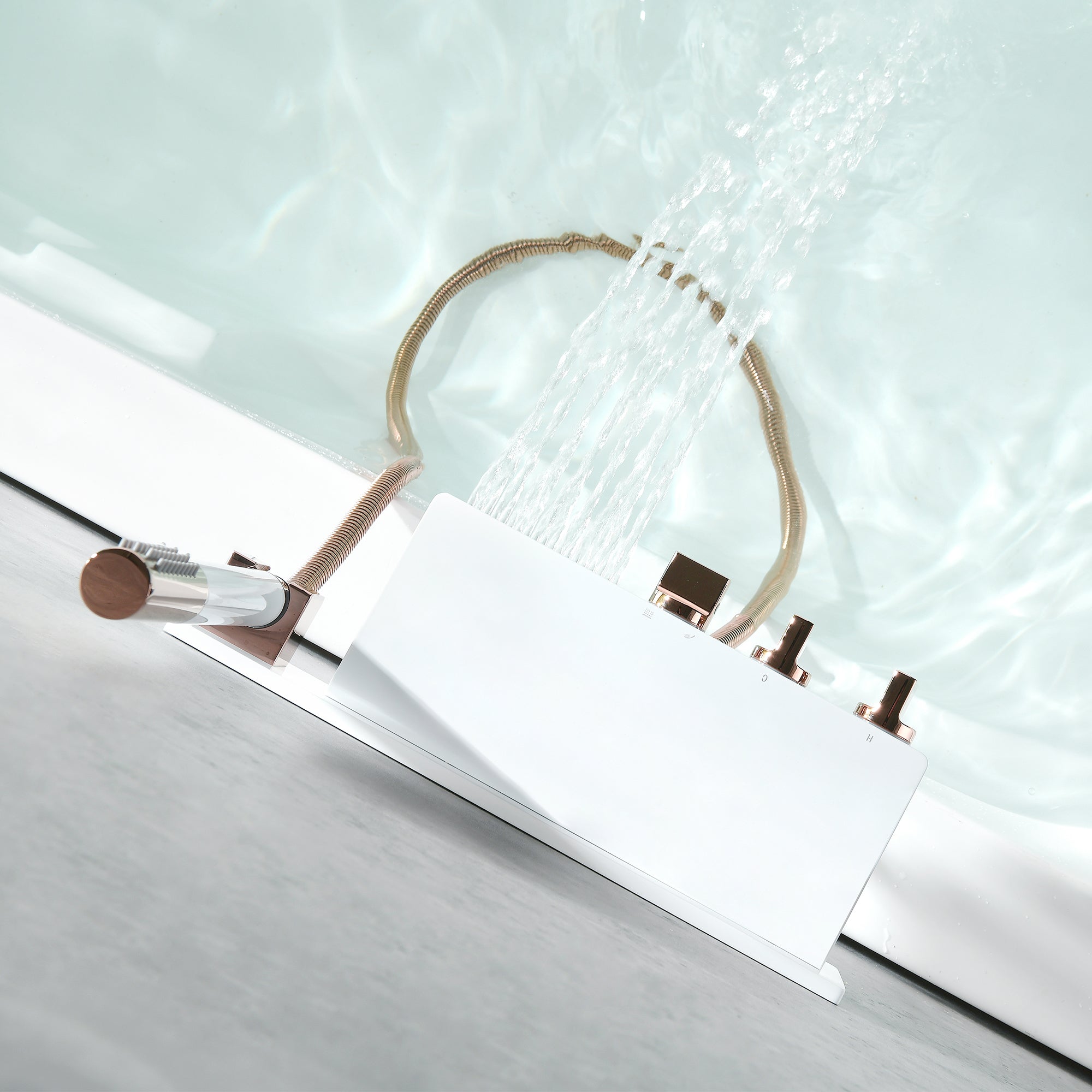 Wall Mount Tub Filler Modern Brass Triple Knob Handle Waterfall Tub Filler with Handshower