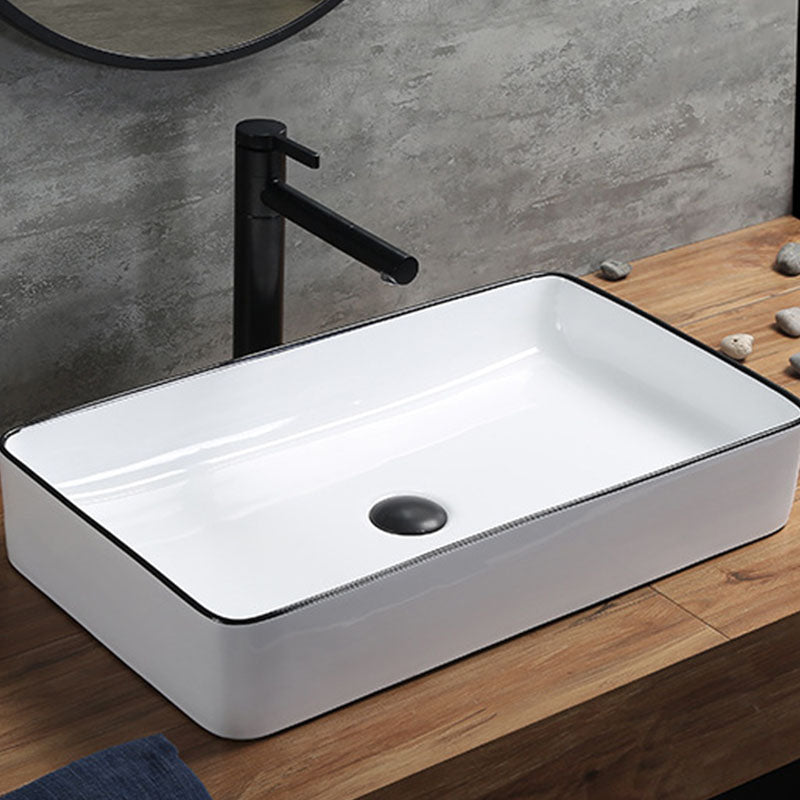 Modern Bathroom Sink Rectangular Porcelain Trough Sink with Pop-Up Drain