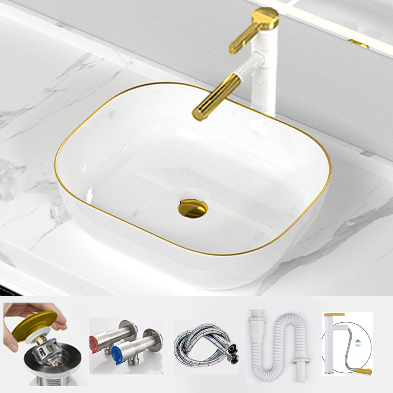 Traditional Vessel Sink Rectangular Porcelain with Overflow And Drain Assembly Wash Stand