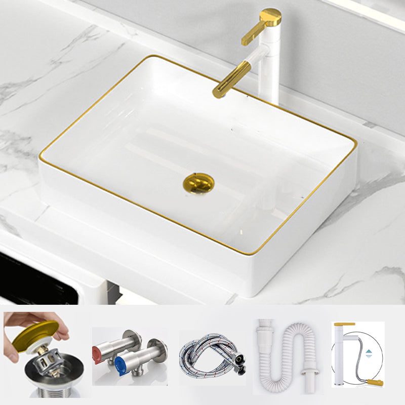 Traditional Vessel Sink Rectangular Porcelain with Overflow And Drain Assembly Wash Stand