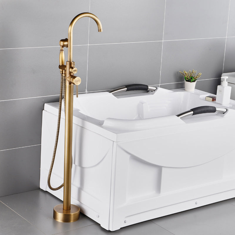 Floor Mounted Copper Bathroom Tub Faucet Set Freestanding High Arc Tub Filler Trim
