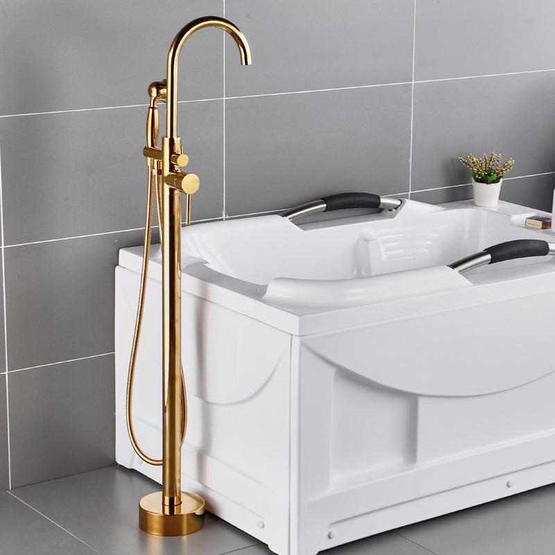 Floor Mounted Copper Bathroom Tub Faucet Set Freestanding High Arc Tub Filler Trim