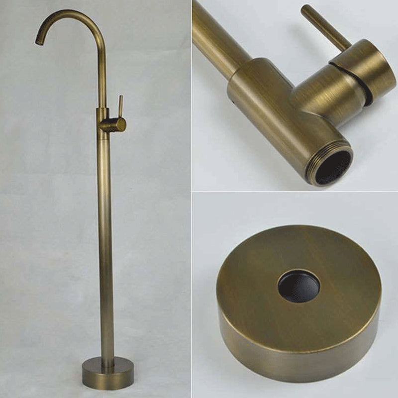 Floor Mounted Copper Bathroom Tub Faucet Set Freestanding High Arc Tub Filler Trim