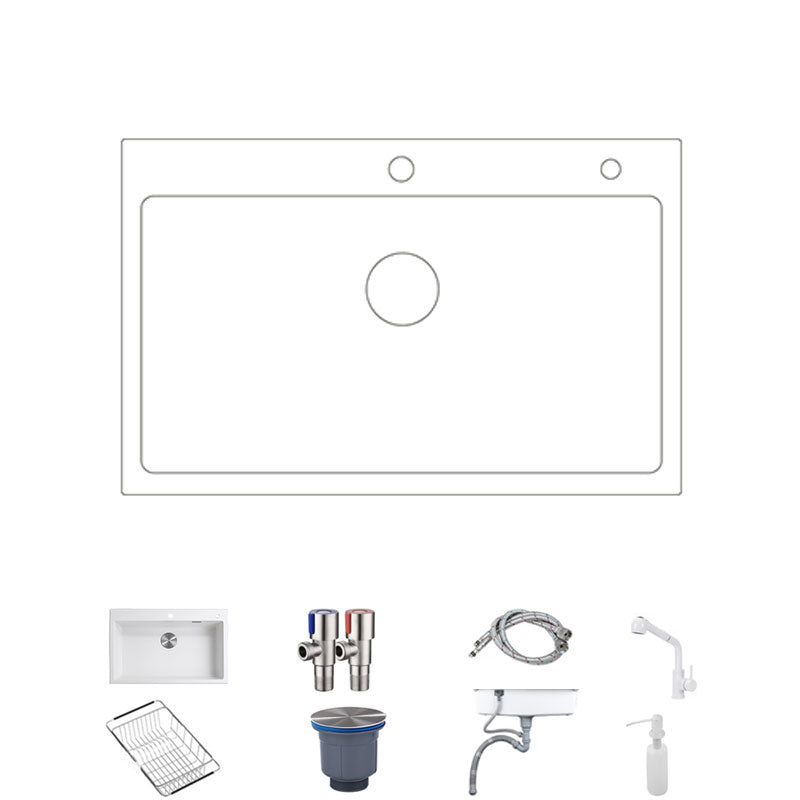 Contemporary Single Bowl Sink Overflow Hole Faucet Kitchen Sink in White