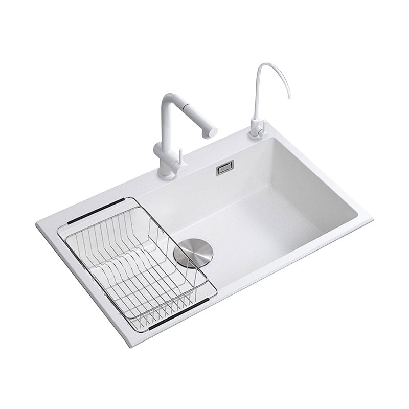 Contemporary Single Bowl Sink Overflow Hole Faucet Kitchen Sink in White