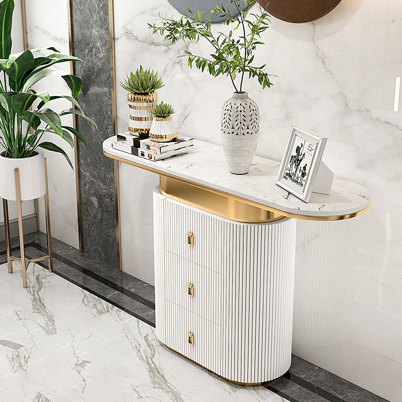 Glam Oval Accent Table Marble Sofa Console Table with Drawer for Hall