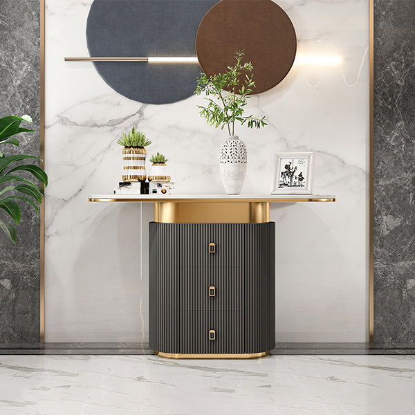 Glam Oval Accent Table Marble Sofa Console Table with Drawer for Hall
