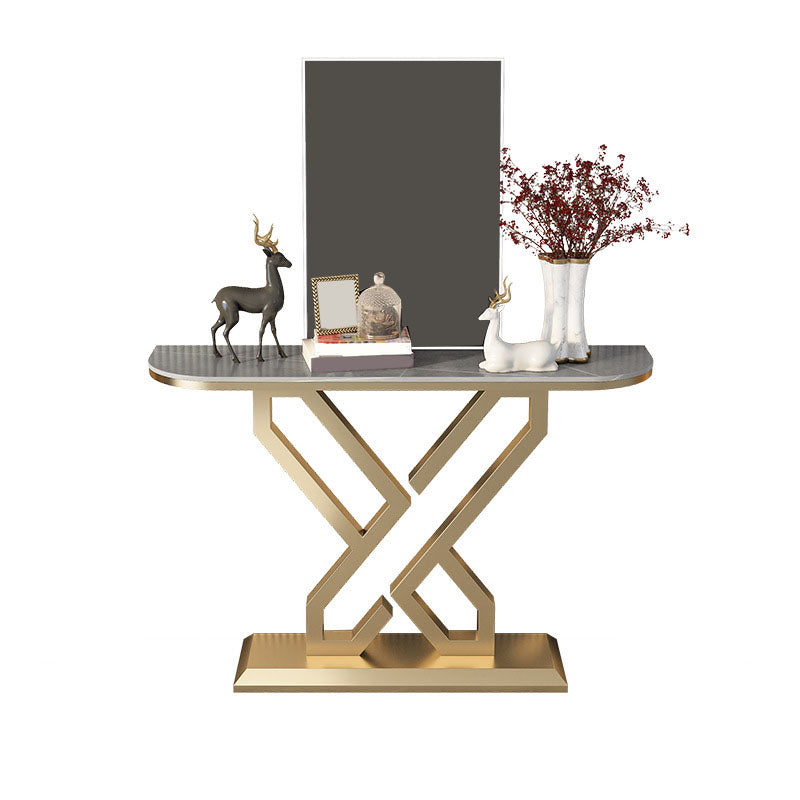 Glam Metal Accent Table Half Moon Stone Sofa Console Table for Hall
