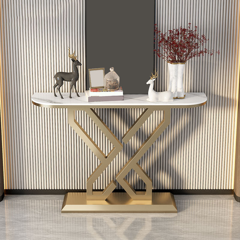Glam Metal Accent Table Half Moon Stone Sofa Console Table for Hall
