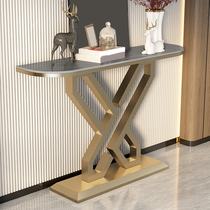 Glam Metal Accent Table Half Moon Stone Sofa Console Table for Hall
