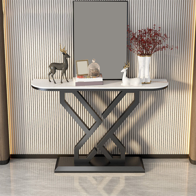 Glam Metal Accent Table Half Moon Stone Sofa Console Table for Hall