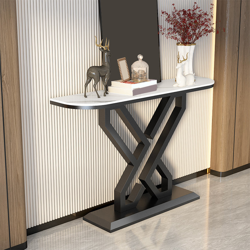Glam Metal Accent Table Half Moon Stone Sofa Console Table for Hall