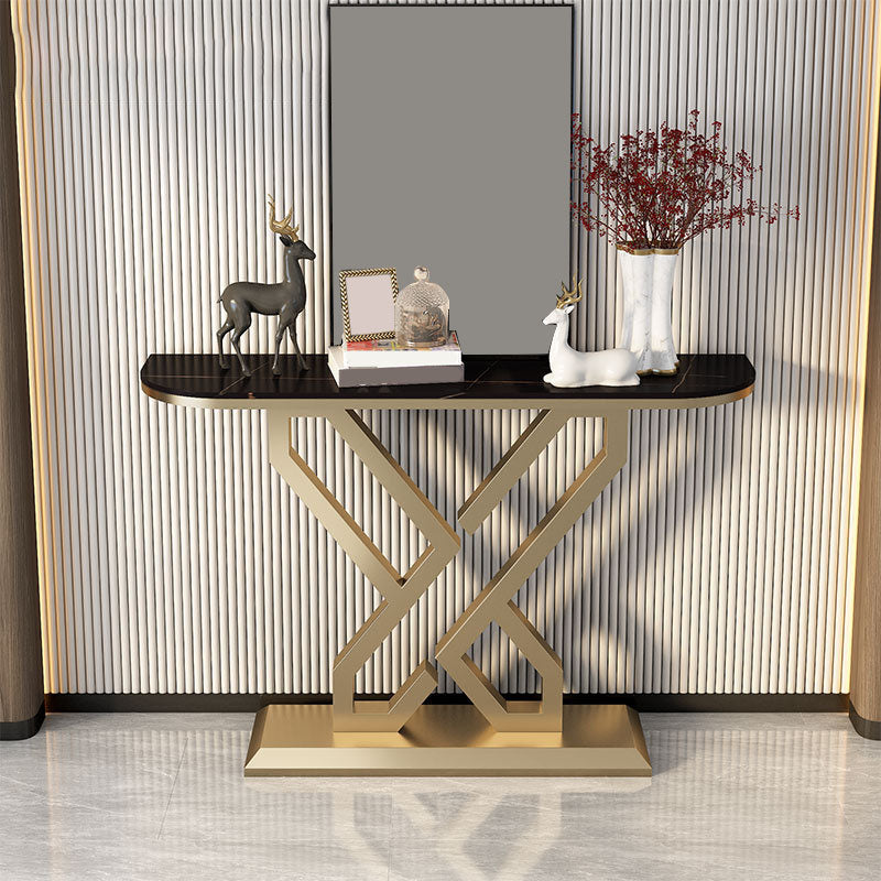 Glam Metal Accent Table Half Moon Stone Sofa Console Table for Hall
