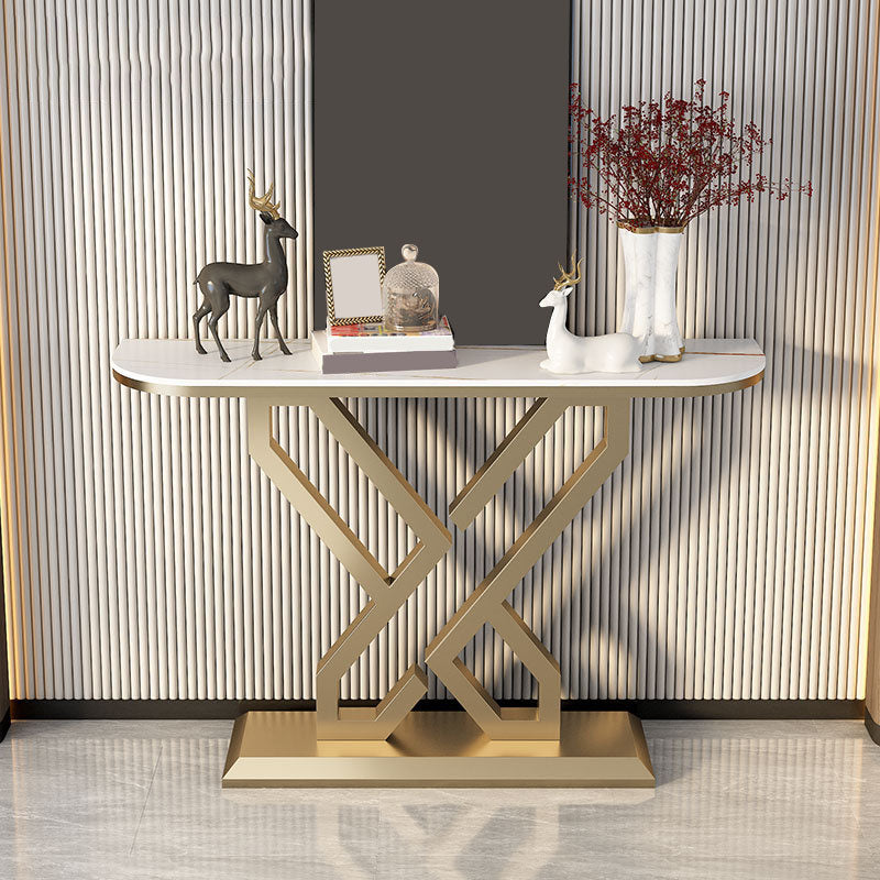Glam Metal Accent Table Half Moon Stone Sofa Console Table for Hall