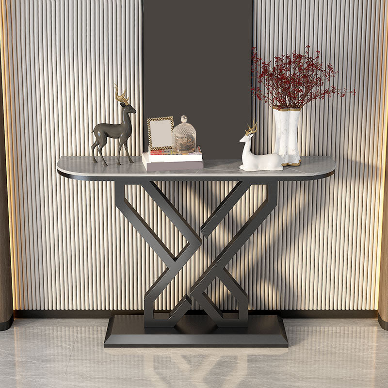 Glam Metal Accent Table Half Moon Stone Sofa Console Table for Hall